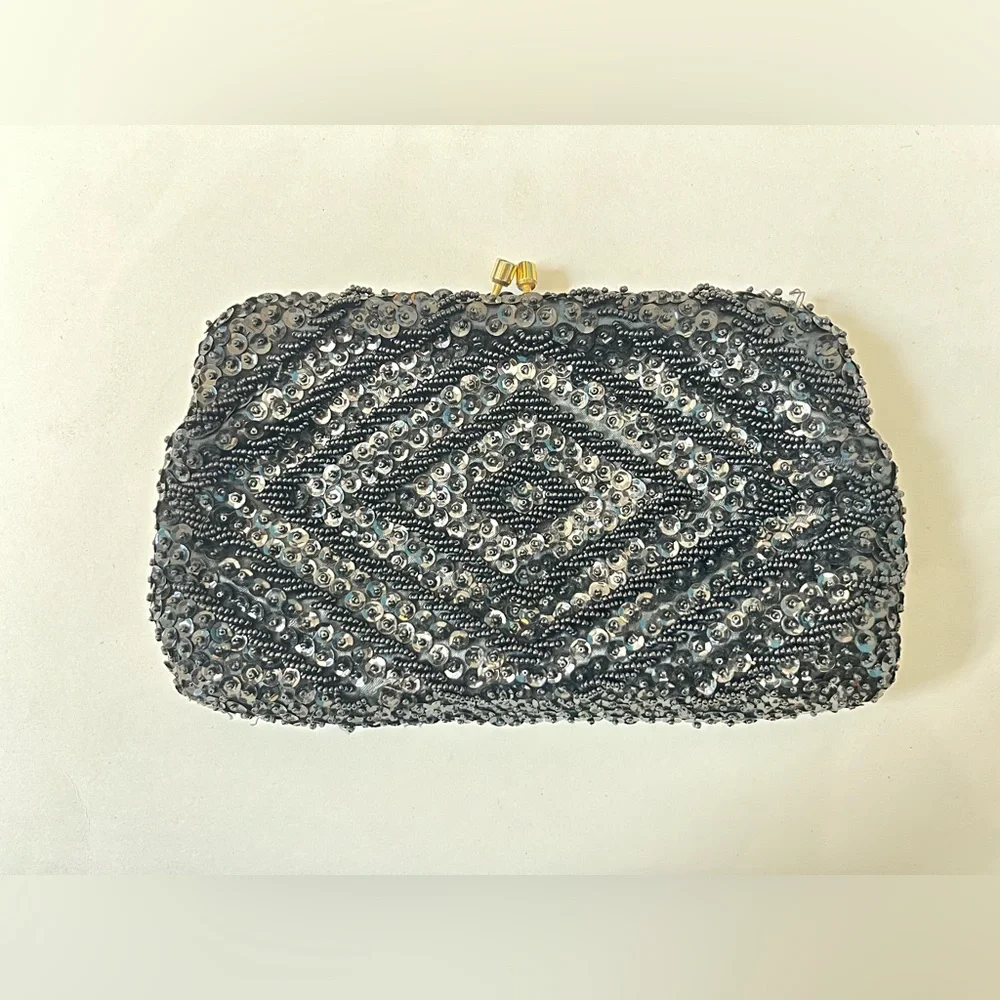 Vintage Art Deco Black Beaded Sequin Clutch Purse Evening Bag Hong Kong
